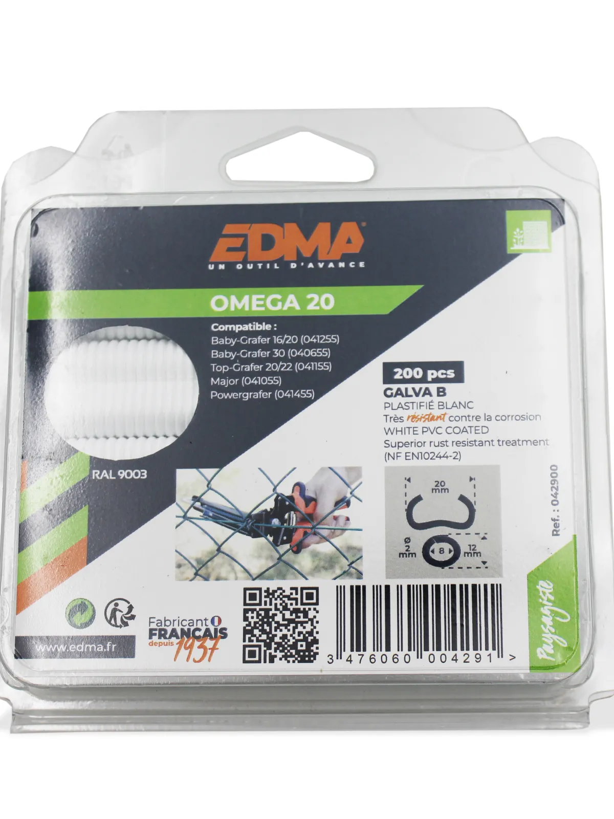 AGRAFE OMEGA 20 - Galva plastifié blanc - x 200 pcs